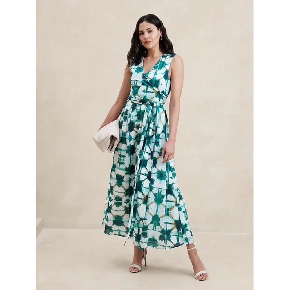NEW Banana Republic Voile Cotton Wrap Maxi Dress in Green Tie Dye Women Sz 4‎